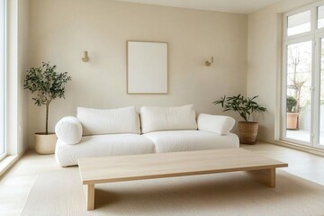 Naklejka premium Minimalist interiors in the living room of a house with a sofa and table, neatly arranged. Generative AI 