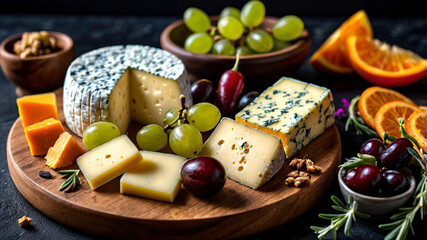 A gourmet cheese board showcasing a variety of cheeses, both diced and sliced
