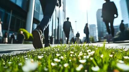Walking in the City Among Green Grass and Flowers