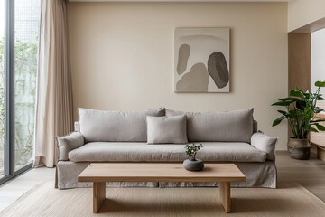 Fototapeta premium Minimalist, a modern minimalist interior in the living room with art frames hanging on the wall and sofas and tables. Generative AI 