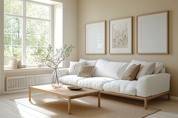 Fototapeta premium Minimalist, a modern minimalist interior in the living room with art frames hanging on the wall and sofas and tables. Generative AI 