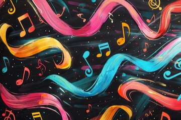 A chalkboard showcases a vivid array of brushstrokes interwoven with musical notes, bringing a burst of creativity and rhythm to life. Generative AI