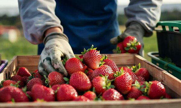 Freshly harvested strawberries in a wooden crate, ready for sale or consumption.