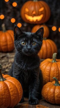 A black kitten, sitting serenely amidst a cluster of pumpkins, one of which is carved as a jack-o'-lantern, exuding an air of quiet Halloween charm. Dark, rustic wooden background.