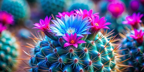 A vibrant cactus with blue and pink blossoms amidst a bed of green and orange thorns.