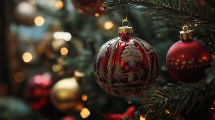 Elegant Decorations on a Christmas Tree with Glittering Ornaments, creating a warm and festive holiday atmosphere.