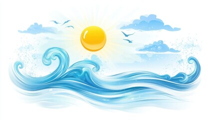 Abstract summer design with glowing sunlight, blue skies, and swirling beach waves, isolated on white