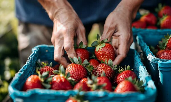 Hands holding fresh strawberries above a basket filled with ripe berries.
