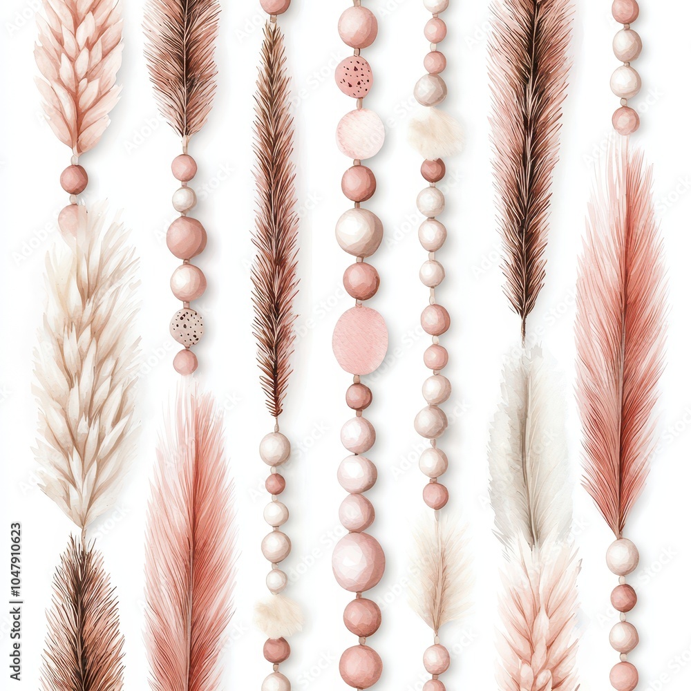 Poster a visually appealing arrangement of delicate, pastel-colored botanical elements and beads, creating 