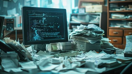 A Messy Desk with a Computer Showing Code