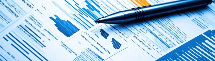 A silver pen lies on a table beside a financial chart.