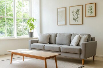 Naklejka premium Minimalist, a modern minimalist interior in the living room with art frames hanging on the wall and sofas and tables. Generative AI 