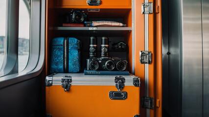 Travel locker. A sleek and modern travel locker in a vibrant color, situated in a busy airport terminal.