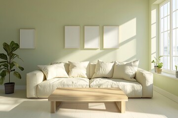 A living room photo of a Scandinavian interior and japandi interior combination of a living room with a window and sofa and furniture in view. Generative AI
