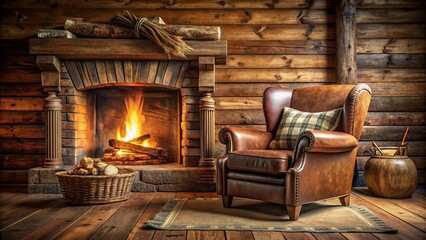 Rustic Comfort A Leather Armchair Beside a Cozy Fireplace in a Cabin