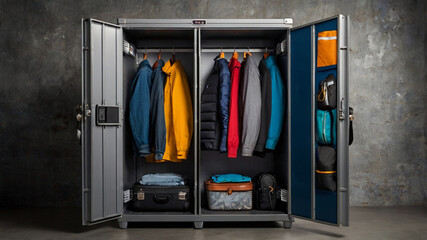 Travel locker. A sleek and modern travel locker in a vibrant color, situated in a busy airport terminal.