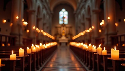Obraz premium Elegant church interior with rows of lit candles