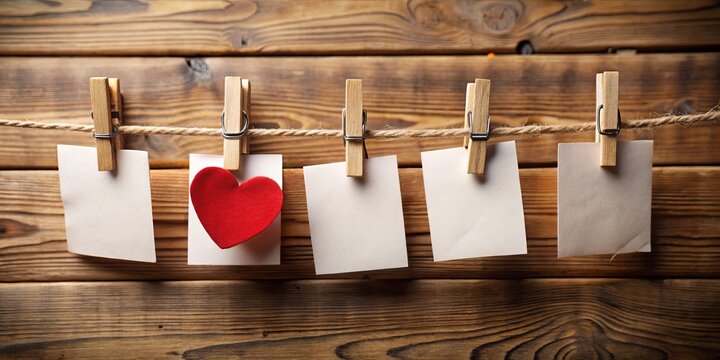 A red heart on a white card amidst blank cards attached with wooden clothespins to a twine line on a wooden surface.