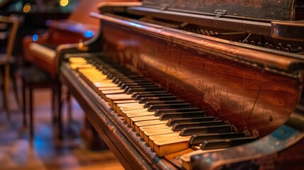 Close up of worn ivory keys on antique grand piano in empty bar exuding quiet nostalgia. Vintage wood adds classic, moody atmosphere evoking cultural memories