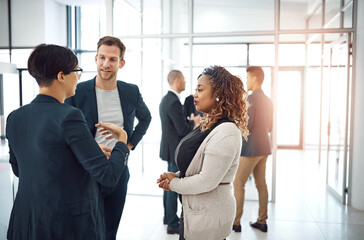 Business people, teamwork and discussion with colleagues for corporate meeting or briefing at...