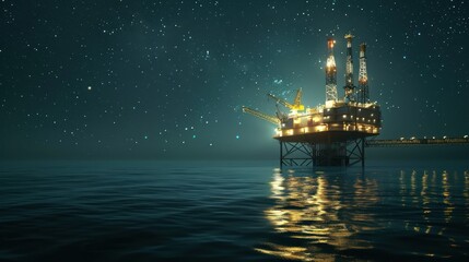 Fototapeta premium Illuminated Offshore Oil Rig Under a Starry Night Sky