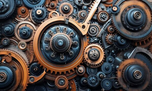 Intricate arrangement of mechanical gears and cogs in a steampunk style.