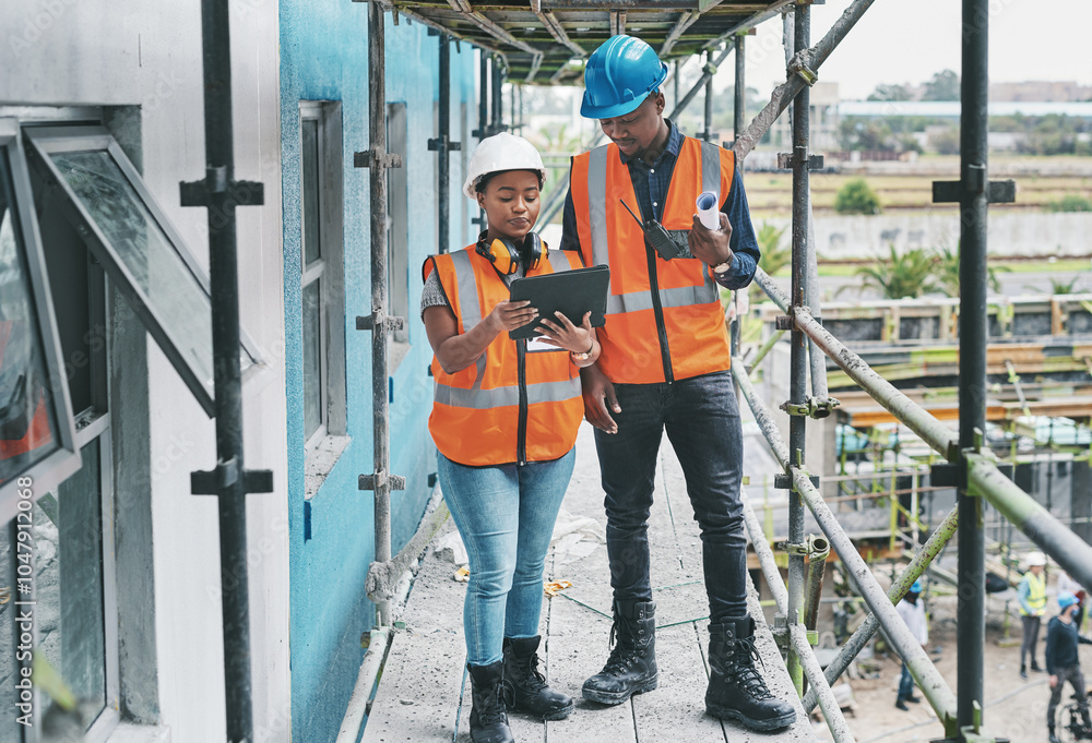 Aufkleber teamwork, construction and people at scaffolding with tablet for collaboration, planning and archite