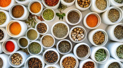 Decorative Herbs in Spiral Arrangement on White Background