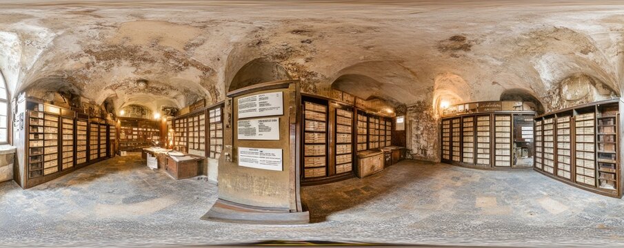 A 360 degree panoramic view of a large, old, stone library with many bookshelves filled with books.
