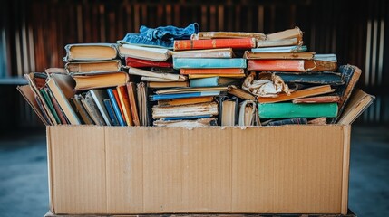 A box of mixed items prepared for a yard sale, featuring old clothes, books, and random household objects