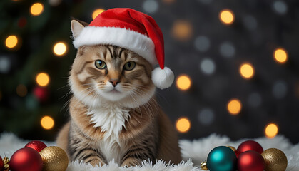 Obraz premium Cute cat wearing santa hat with christmas lighting blur background, christmas party cat in home. Generative Ai 