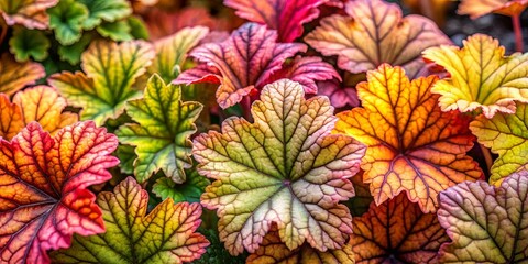 Fototapeta premium A close-up view of a collection of leaves, their surfaces displaying a kaleidoscope of reds, yellows, greens, and browns, creating a breathtaking tapestry of autumnal hues.