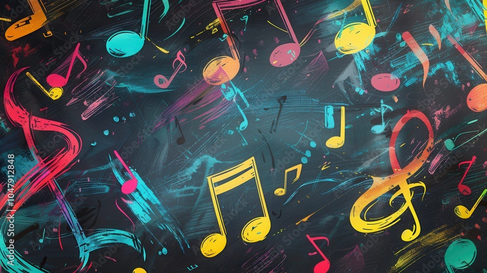 Poster a chalkboard displays a blend of bright brushstrokes intertwined with musical notes and symbols, cre