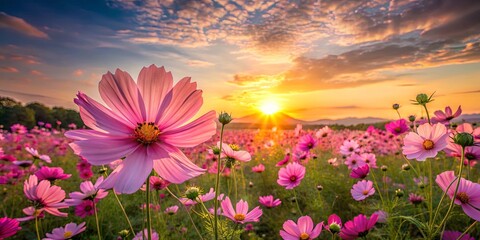 Fototapeta premium A single pink flower stands tall amidst a field of delicate blooms, basking in the golden glow of a setting sun, with the soft clouds creating a picturesque backdrop.