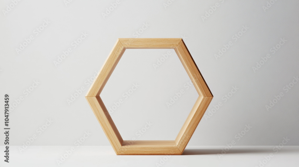 Poster a minimalistic wooden hexagonal frame against a light background, showcasing simplicity and geometri