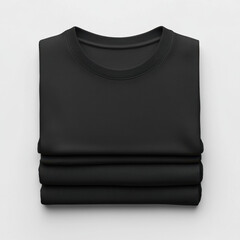 A neatly folded stack of black T-shirts, showcasing a simple, modern design suitable for casual wear.