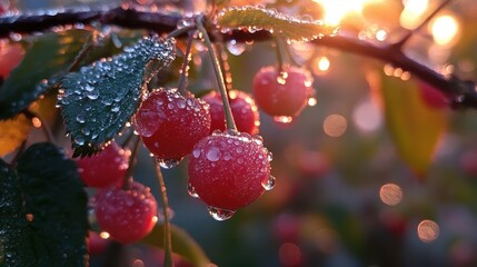 Fresh Cherries with Dew Drops on Vine at Sunrise