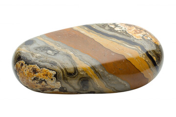 Obraz premium A polished stone featuring beautiful bands of brown, gray, and orange, showcasing unique natural patterns and textures.