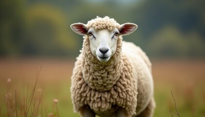 Fototapeta premium Peaceful pastoral scene with a fluffy sheep in a field