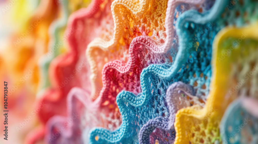 Poster a vibrant, textured display of colorful lace-like patterns in a gradient, showcasing intricate detai