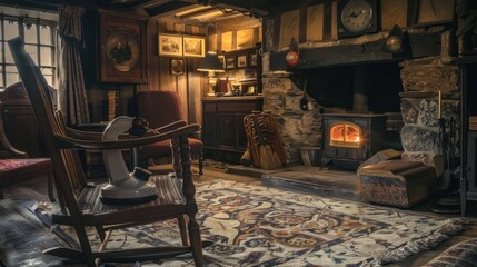 A Cozy Rocking Chair in a Rustic Cottage Living Room with a Fireplace