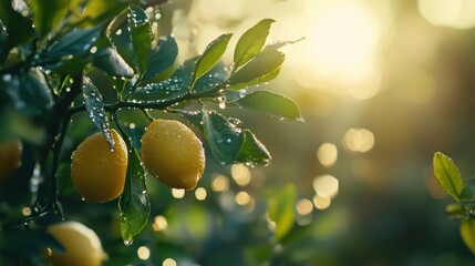 Dewy Lemons on Vine in Warm Light