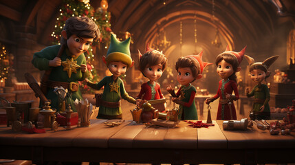 Santas workshop with busy elves working hard to prepare for Christmas, CGI ~ Created using Generative AI