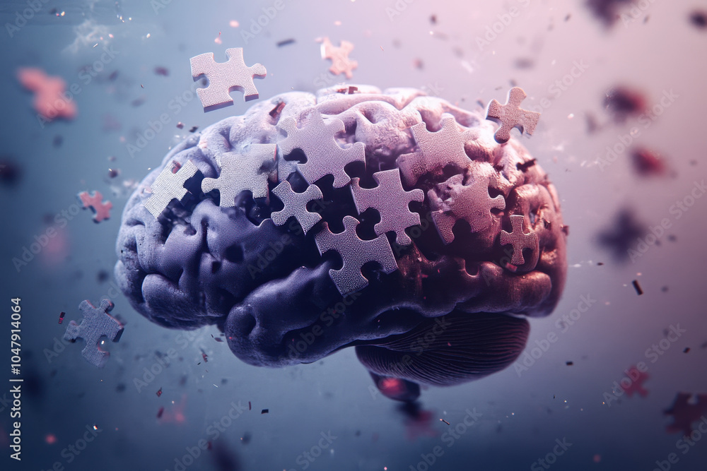 Poster a vibrant brain is surrounded by floating puzzle pieces, symbolizing cognition, complexity, and ment