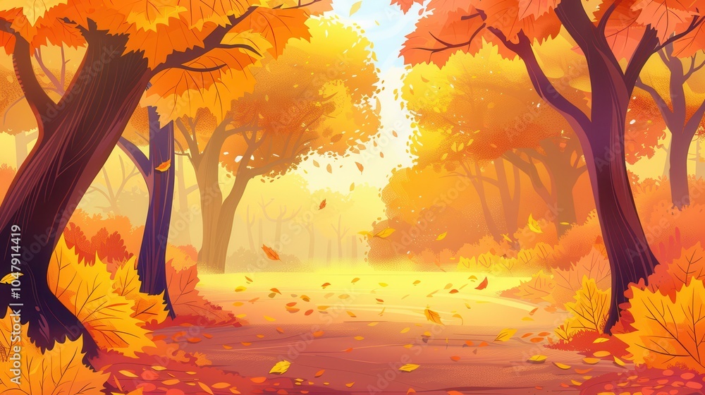 Poster bright orange and yellow leaves adorn the trees along a tranquil pathway through a serene autumn for