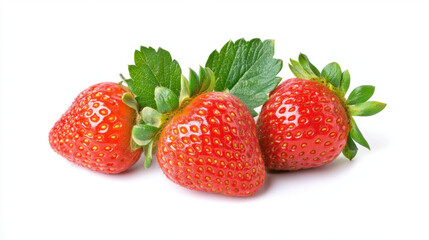 Fresh strawberries with vibrant red color and green leaves, arranged closely on a white background.