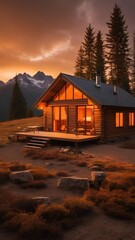 Mobile phone screen wallpaper - mountain area wooden cabin with windows giving out warm orange light