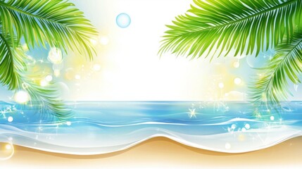Fototapeta premium Vibrant abstract beach scene with floating palm leaves and glowing sunbeams, isolated on white