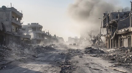 Fototapeta premium Desolate War-Torn Urban Scene with Rubble, Smoke, Abandoned Structures, and a Serene Clear Sky