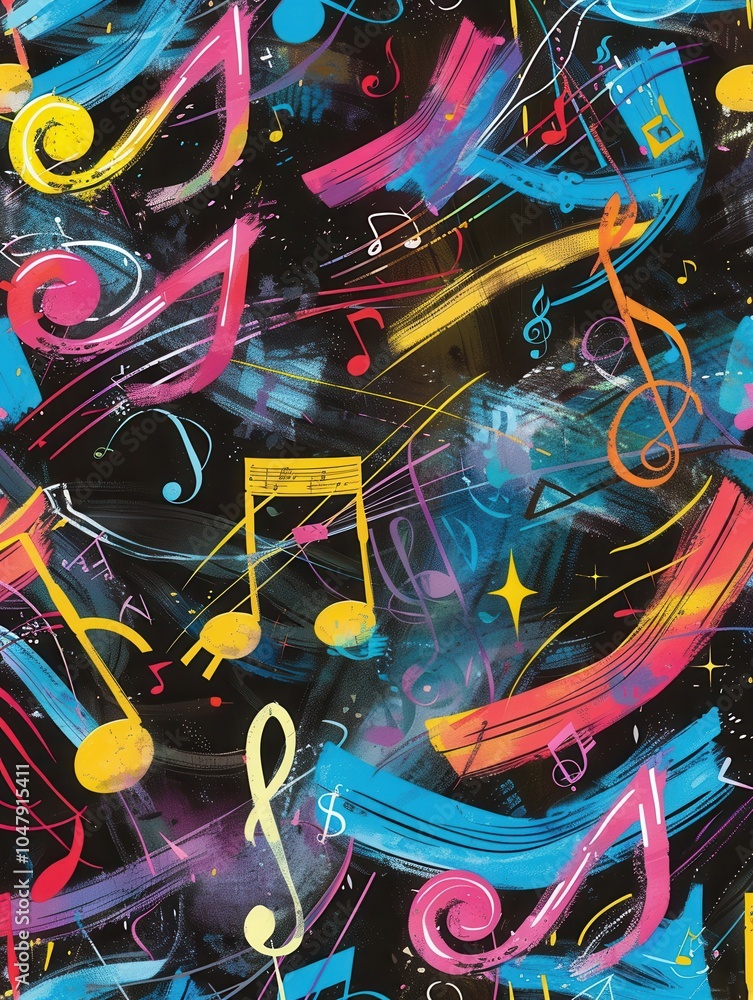 Poster the chalkboard features a lively mix of colorful brushstrokes intertwined with musical notes and sym